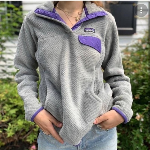 Patagonia Jackets & Blazers - Patagonia Gray & Purple Cozy Collared Fleece Pullover Sweater w/ Kangaroo Pocket